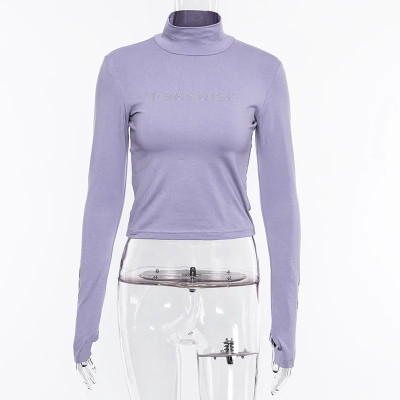 Cryptographic purple long sleeve tee shirt femme slim fit turtleneck women tops autumn casual streetwear tee shirt women clothes