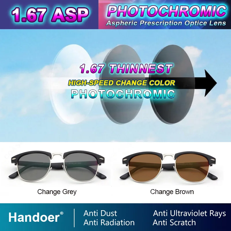 

Handoer 1.67 Photochromic Single Vision Optical Prescription Lenses Fast Color Change Light-Sensitive Vision Correction Lens