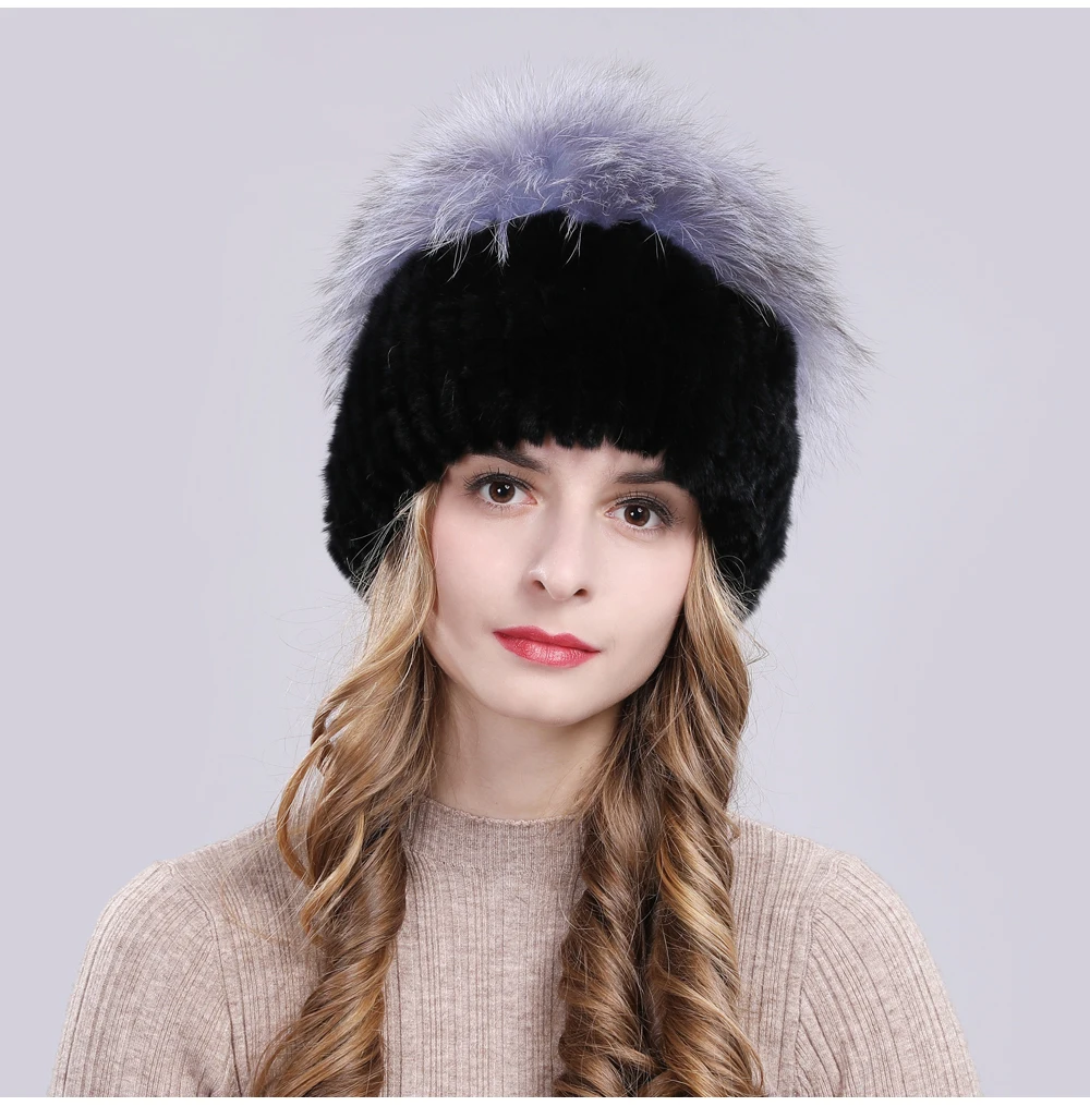 Outdoor Women Warm Soft Genuine Rex Rabbit Fur Hat Knitted Natural Real Sliver Fox Fur Caps Winter Real Rabbit Fur Beanies Hats