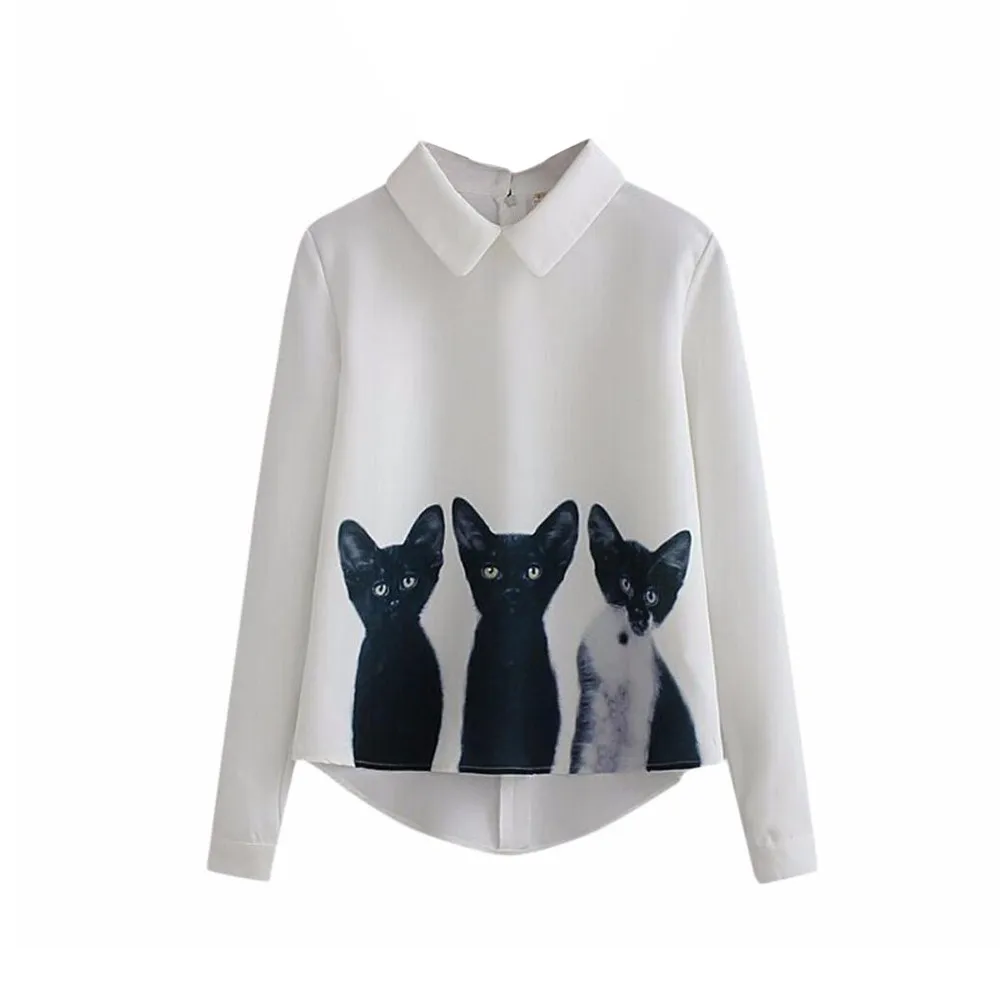 Fashion Cartoon Cat New Brand Women's Loose Chiffon Three Cats Tops