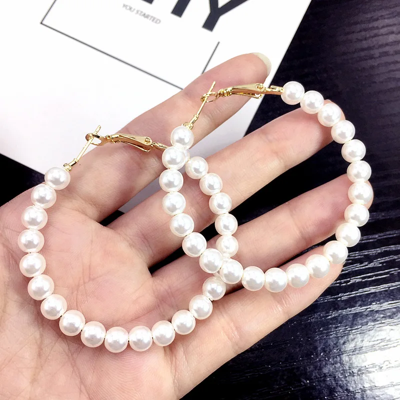 Серьги кольца с жемчугом женские элегантные крупные украшения в европейском
