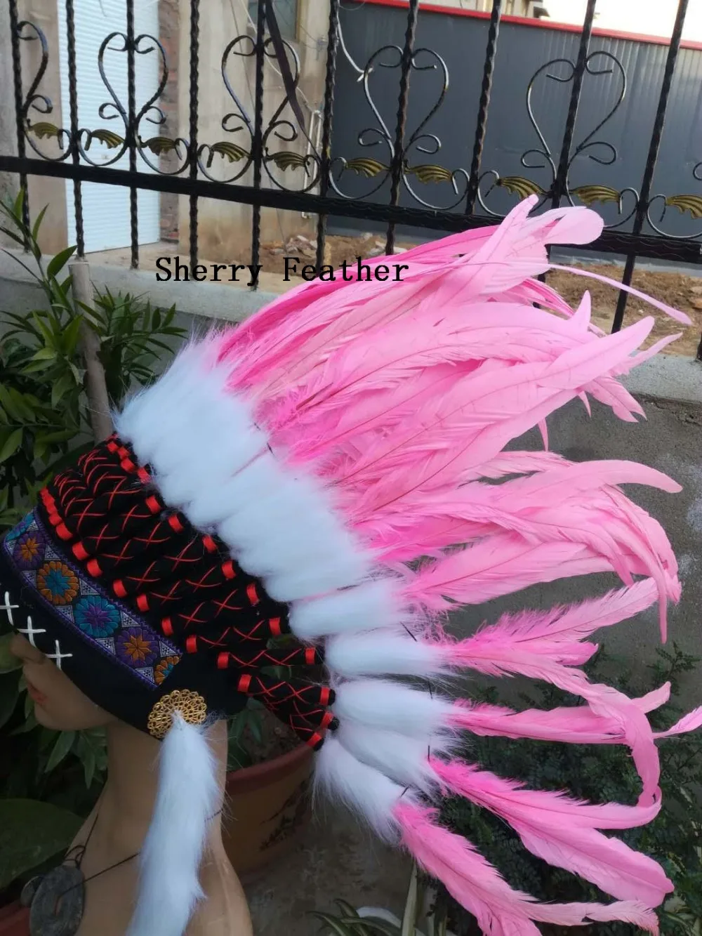 

Light pink Indian chief Feather headdress indian warbonnet halloween headdress costume indian style feather headdress