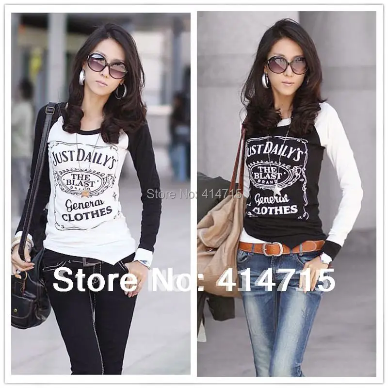 Fashion T shirt Women Cotton Long Sleeve Tshirt Patchwork Raglan Sleeve T-shirts for Women Female T-shirt Winter Tops