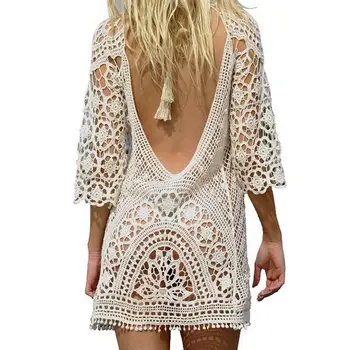

Sexy Black Backless Tunics Beach dress Crochet knitted female Swimwear cover-up beach Cover Ups beach wear Beachwear Women K367