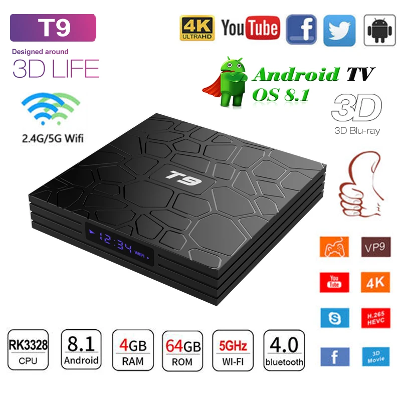 

T9 TV Box Android 9.0 Set Top Box 4GB 64GB RK3328 Quad Core Smart BT4.0 H2.65 4K 2.4GHz/5GHz Dual WIFI Set-top box Media Player