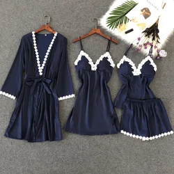 ZOOLIM Women Pajamas Sets 4 Pieces Satin Sleepwear Pijama Silk Home Wear Lace Chest Pads Spaghetti Strap Sleep Lounge Pyjama ZOOLIM Women Pajamas Sets 4 Pieces Satin Sleepwear Pijama Silk Home Wear Lace Chest Pads Spaghetti Strap Sleep Lounge Pyjama