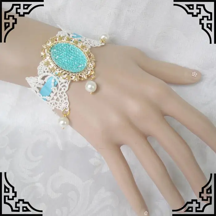 Newest Fashion Manual Vintange Lace Bracelets with Light Blue Ribbons