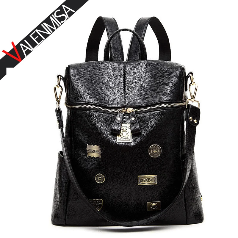 VALENMISA Brand Badge Genuine Leather Backpack Women S Large Backpacks For Teenage Girls Causal Daypack School