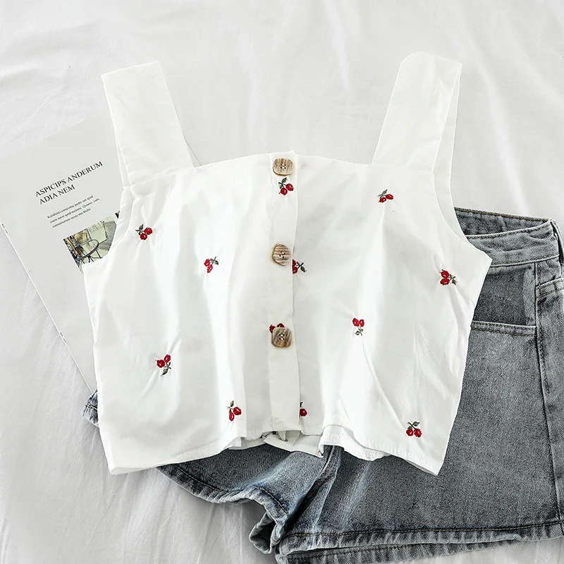 

2019 new fashion women's vest Summer Fresh Embroidered student cotton and linen sleeveless camis H710