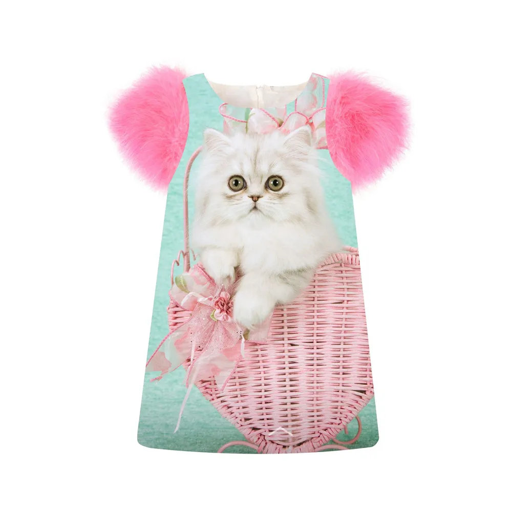 Платье для маленьких девочек модное белое платье с принтом кота на весну-осень с рукавами из искусственного меха для девочек платья для маленьких детей Одежда для детей