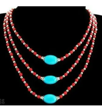 

Jew3009 3S Tibet style Tibetan Silver stunning turquoise&Red Coral beads Necklace
