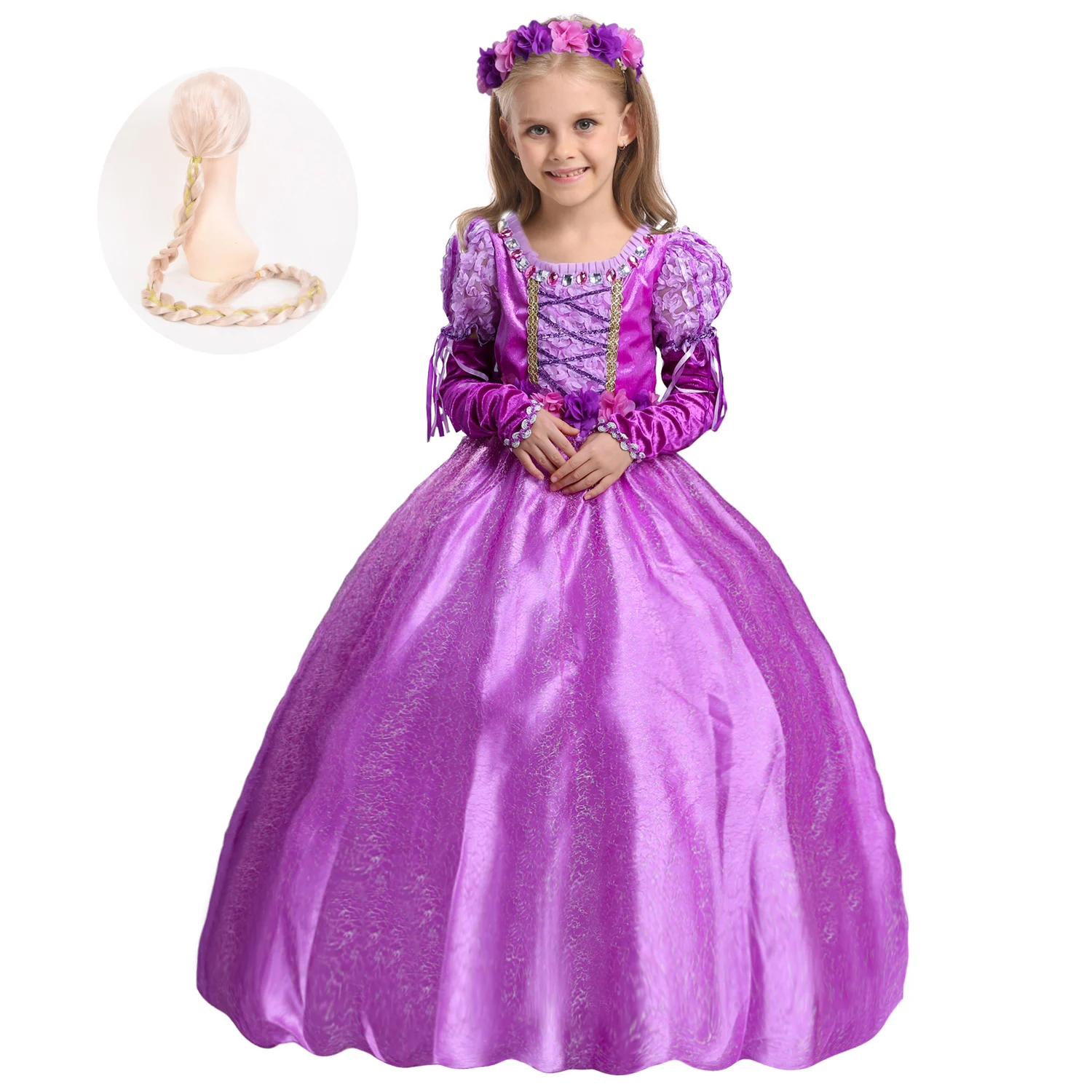 

Fashion Fancy Purple Princess Party Dress Cosplay Halloween Girls Rapunzel Dress and Wig Up Costume Gown with Gloves