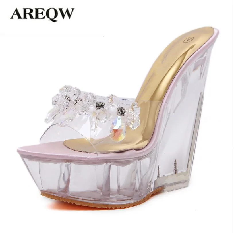 AREQW летние туфли на высоком каблуке прохладно тапочки прозрачные алмазы кристалл обувь клинья металлические высокие каблуки сандалии женщ...