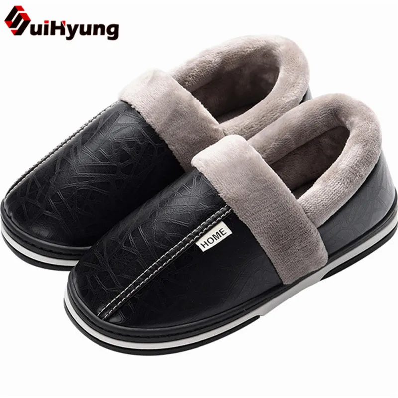 

Suihyung Plus Size Women Men Cotton Shoes Quality PU Leather Non-slip Indoor Flat Shoes Winter Warm Plush Home Slippers Slip On