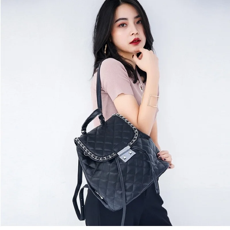 

Caker Women Drawstring Backpack Diamond Lattice Plaid PU Leather Black Large Chain School Bags For Girls Ladies Travel Backpack