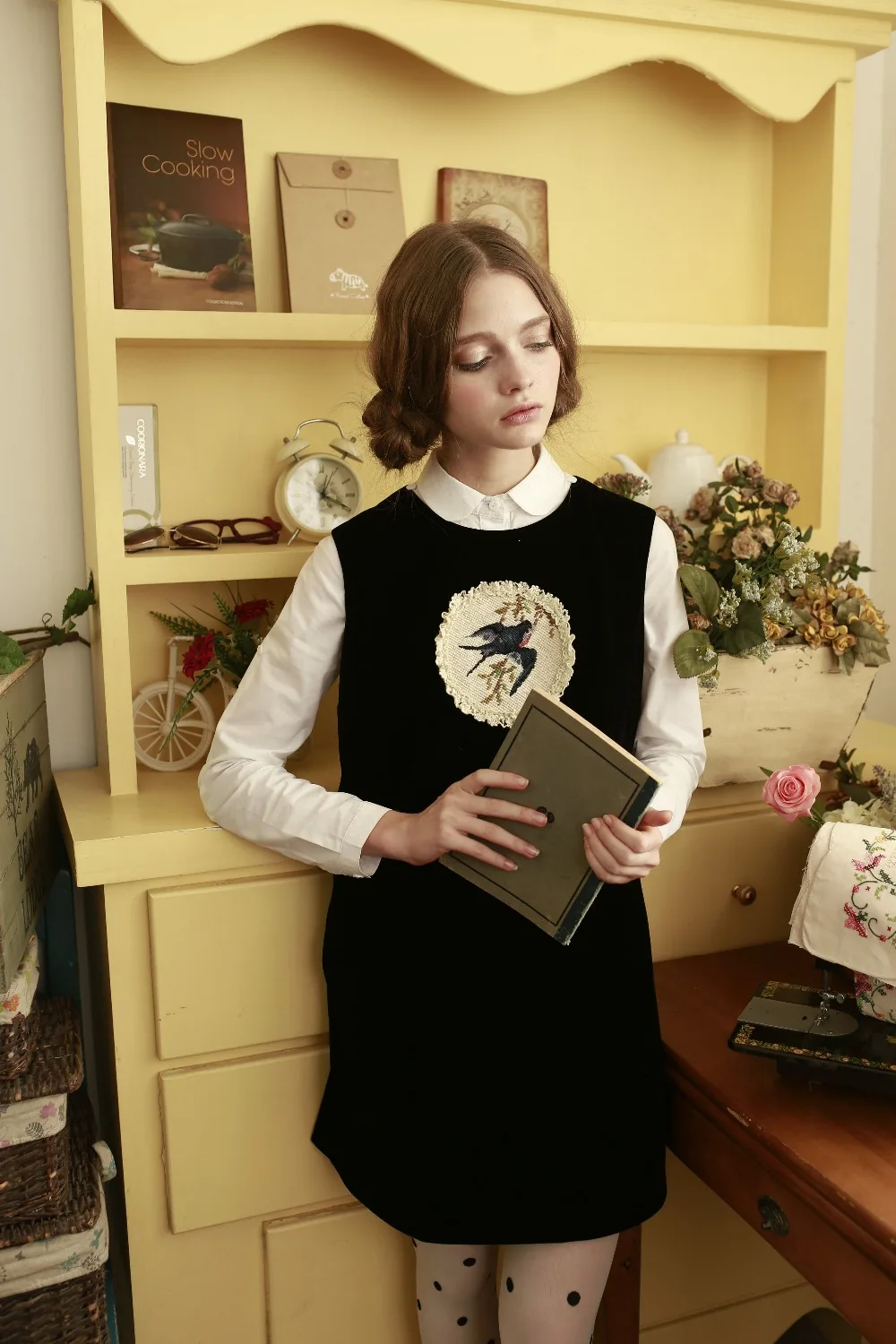 Линетт китайский стиль весна осень дизайн женские антикварные птицы вышивка элегантный черный велюровый жилет маленькие черные платья