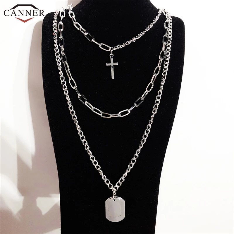

Hip Hop Metal Rectangle Pendant Necklace Men Punk Jewelry Multi Layered Necklace Women Silver Chain Cross Necklaces H30