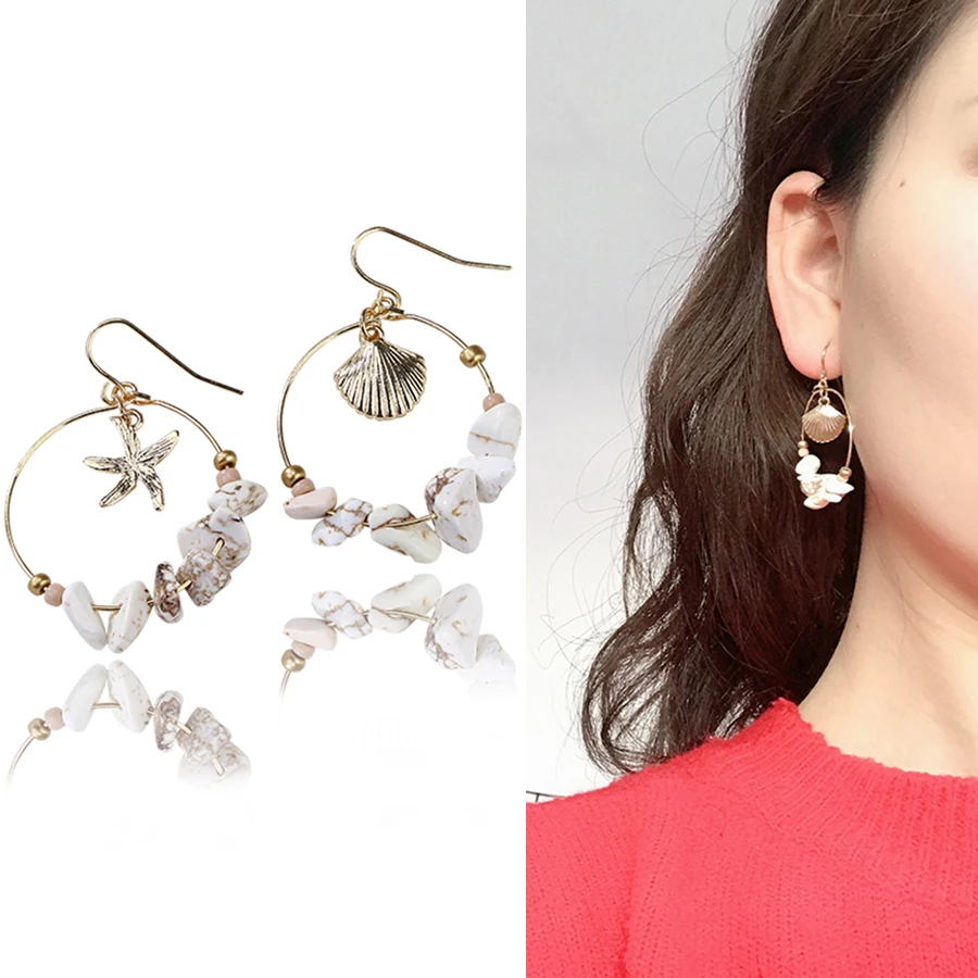 

Crushed Stone Beaded Circle Earrings for Woman Starfish Seashell Beach Earring Jewelry Summer Ear Stud Nail Fashion Eardrop Gift