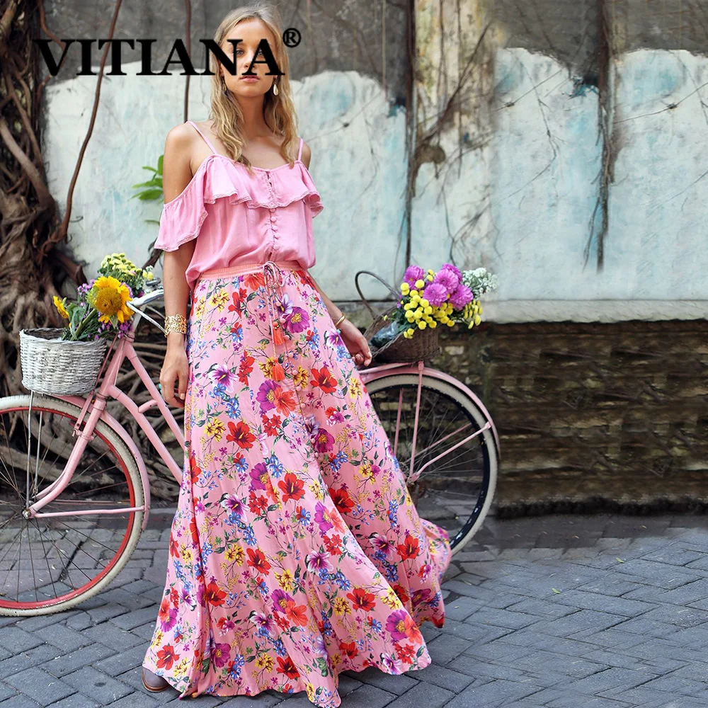 

VITIANA Women Two Pieces Skirts Sets Summer 2019 Female Sleeveless Backless Long Print Skirts Pink Flower 2 Pieces Beach Suits
