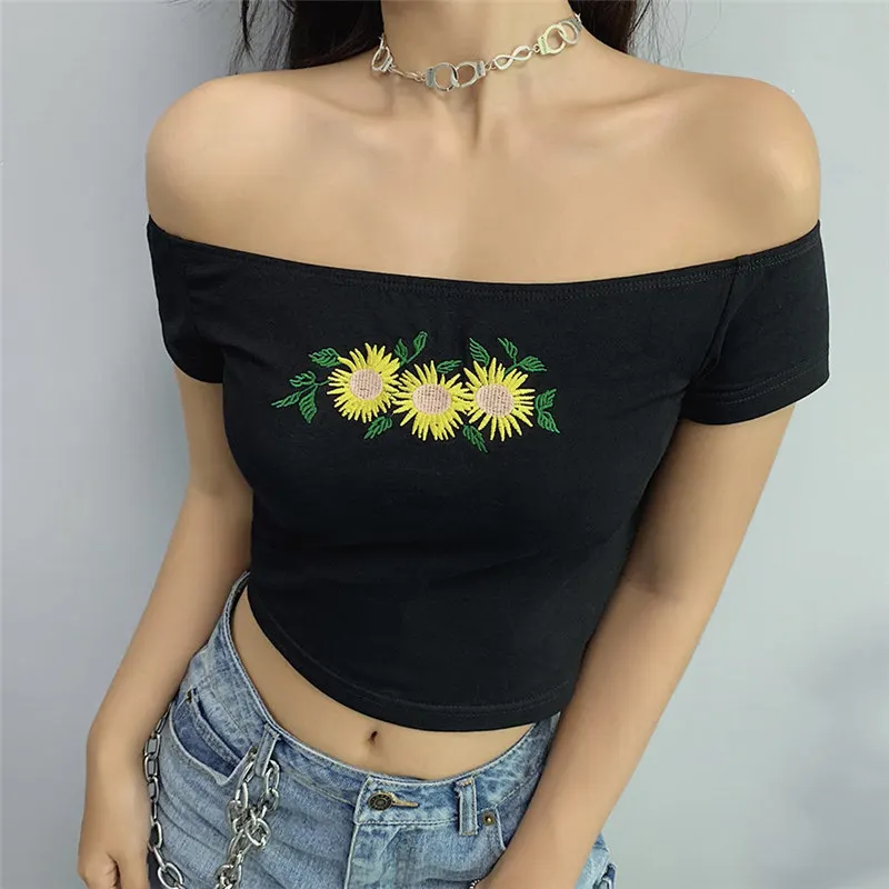 

Streetwear Women Sexy Casual Off Shoulder Floral Embroidered T-shirt Tank Top Vest Blouse Crop Tops Shirt New