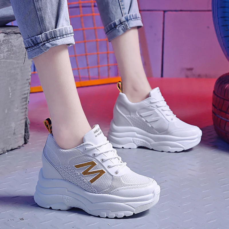 

Spring Summer Women Platform Sneakers 9cm High Heels Casual Shoes Running Shoes Platform Wedges Creepers Mesh Chunky Sneaker
