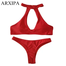 

ARXIPA Cut Out Plunge Swimsuit Solid High Neck Crop Swimwear Sexy Low Waisted Brazilian Bikini Sets Hook Closure Bathing Suits