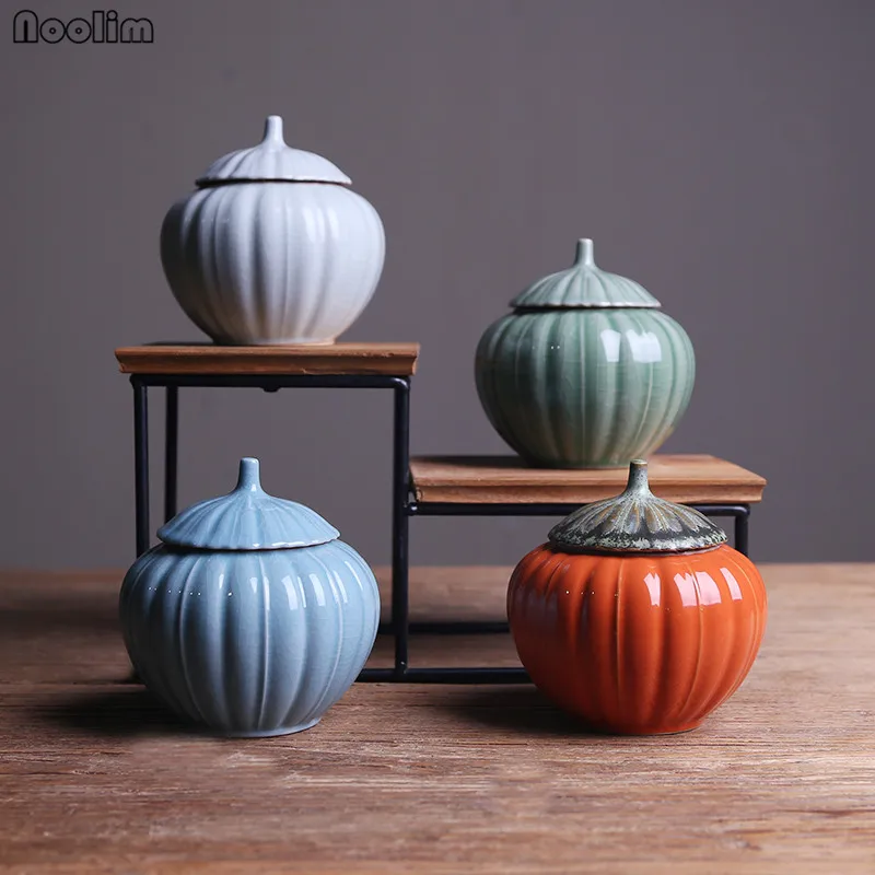 

NOOLIM Japanese Style Ceramic Pumpkin Tea Caddy Sealed Canister Storage Jar Small Portable Household Moisture-proof Tea Can