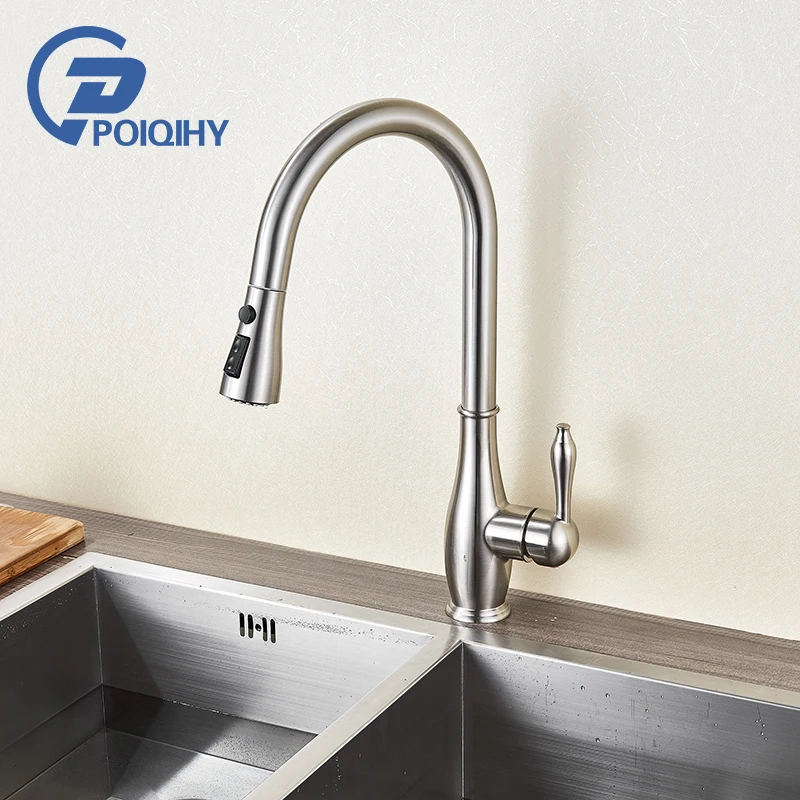 

Brushed Nickel Kitchen Faucet Pull Out Rotation Stream Spray Mixer Tap Deck Mounted High Arch Kitchen Sink Faucet