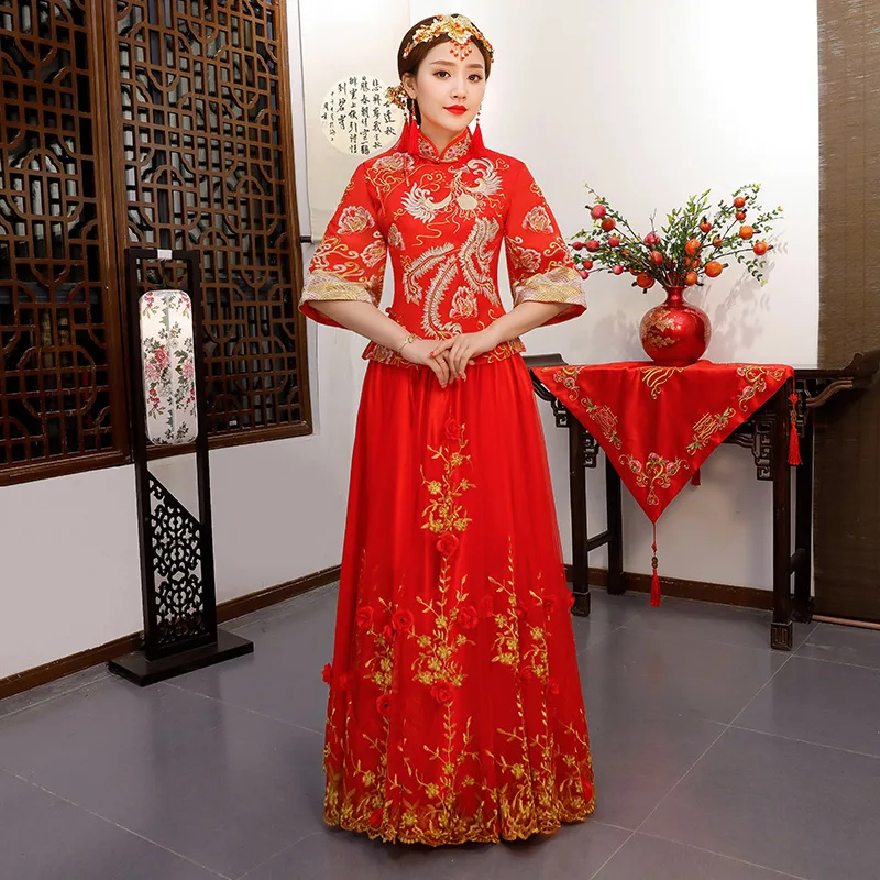 Красное свадебное платье традиционное китайское Qipao Национальный костюм для