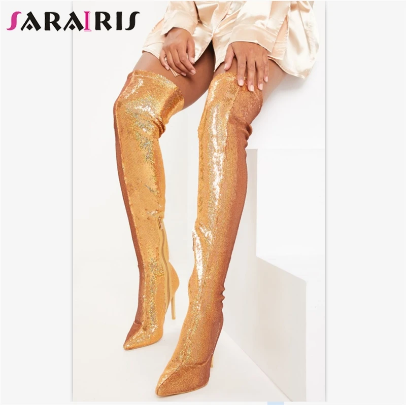

SARAIRIS New Fashion Big Size 35-43 Pointed Toe Thin High Heels Zip Bling Shoes Woman Party Spring Autumn Over The Knee Boots