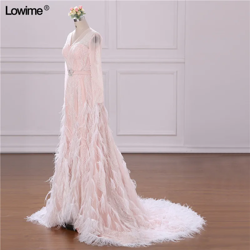 2018 New Custom Made A-line Evening Dresses Gown Long Sleeves Beading Feather Court Train Prom Dress Long (5)