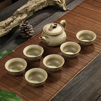 

Rough pottery Kungfu tea set 6 cups+1 pot,handmade ceramic teapot kettle porcelain gaiwan tea cup,Chinese retro tea cup teapot