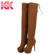 KemeKiss/пикантные женские ботинки на платформе и высоком каблуке обувь из флока на тонком каблуке со шнуровкой и круглым носком женская теплая зимняя обувь, размер 33-43