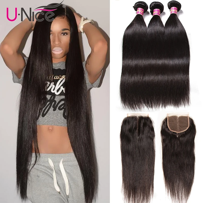 

UNice Hair Icenu Remy Hair Series Brazilian Straight Hair 3 Bundles With Closure Human Hair Weave 4x4 Lace Closure 4PCS 8-30"