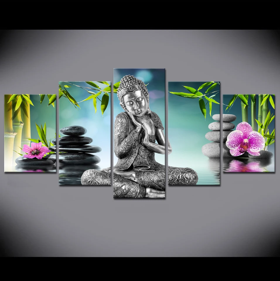 

2019 5 Pieces Buddha Canvas Wall Art Painting For Bed Room Decor Modern Buddha orchid Bamboo Water Zen Print Picture No Frame