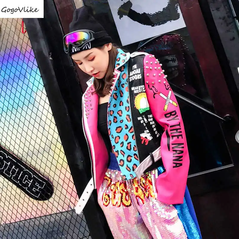 

Graffiti Jacket Punk Rivet Band Jacket 2018 Women PU leather Motocycle Coat Red Mouth Handsome Jackets Short Design LT777S50