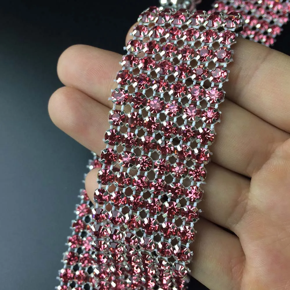 

6rows rose pink rhinestone mesh trimming,20cm/lot,high quality wedding cake decoration belt accessories gemstone banding DIY