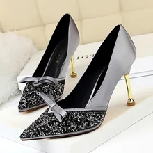 Women Pumps Shoes Satin Bling Bow Fashion Shallow Pointed Toe Slip-On 10cm Thin High Heels Party Lady Wedding Female Shoes Women Pumps Shoes Satin Bling Bow Fashion Shallow Pointed Toe Slip-On 10cm Thin High Heels Party Lady Wedding Female Shoes