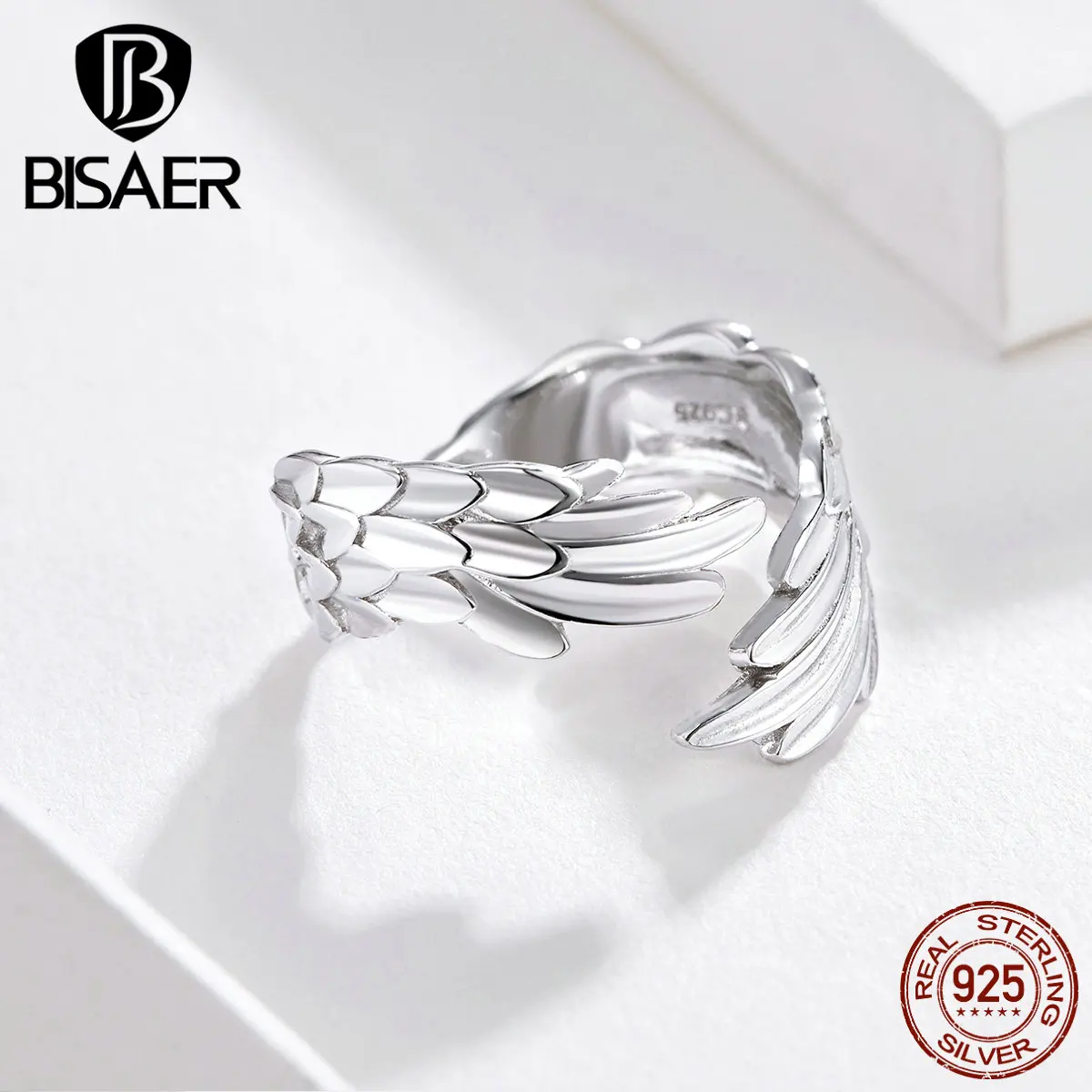 Кольцо BISAER с крыльями, 925 пробы, серебро, перья, гравировка, регулируемые кольца на палец для женщин, ювелирные изделия из стерлингового серебра ECR512