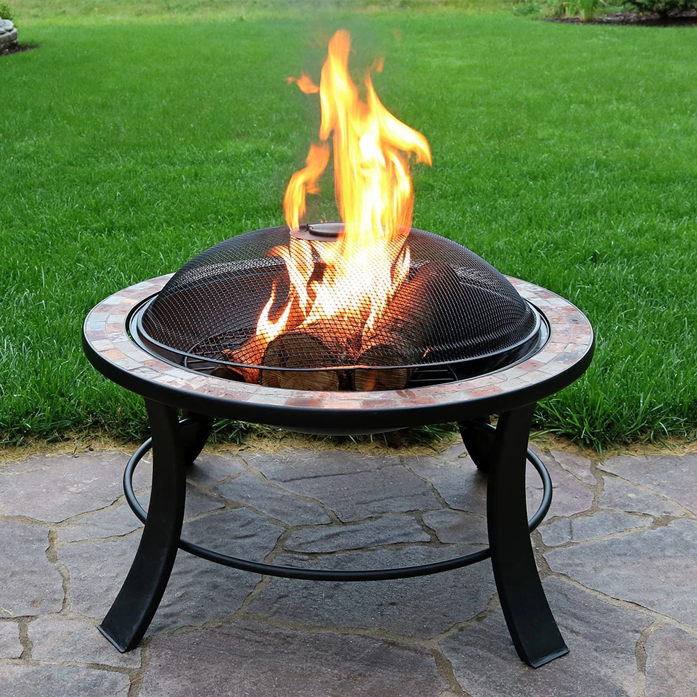 Sunnydaze 30 Inch Natural Slate Fire Pit Table with Spark Screen