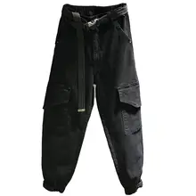 Новинка осени, повседневные черные штаны-шаровары с большими карманами и высокой талией, женские эластичные свободные брюки-карго с высокой талией размера плюс 3XL