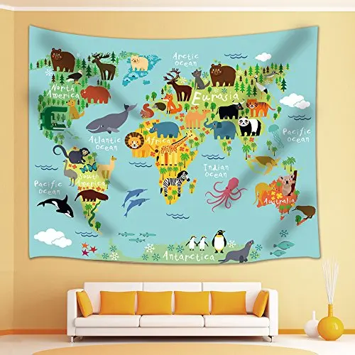Мультфильм горы леса животные карта мира для детей Дети гобелен настенный для спальни гостиной общежития