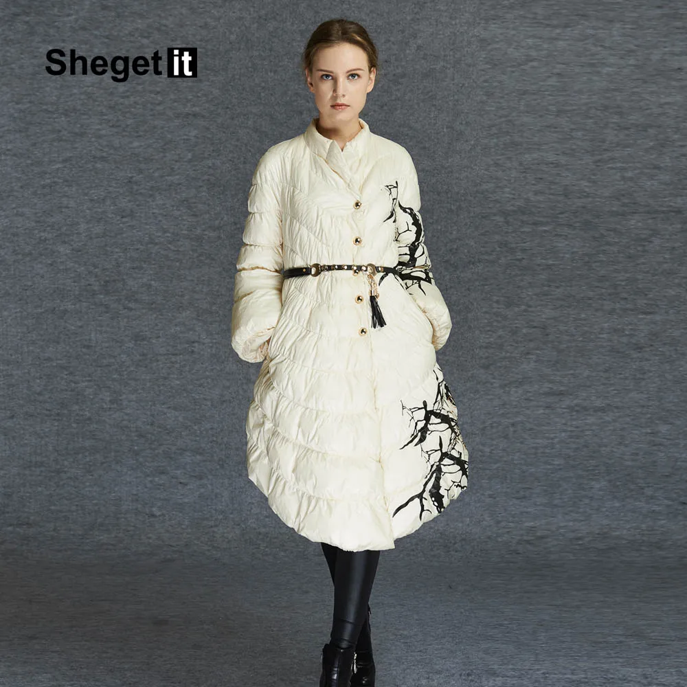 Shegetit 2016 New Winter Printed Women Down Parka Keep Warm Jacket Cloak Outerwear 85% Duck Down Jacket Female Coat Women White