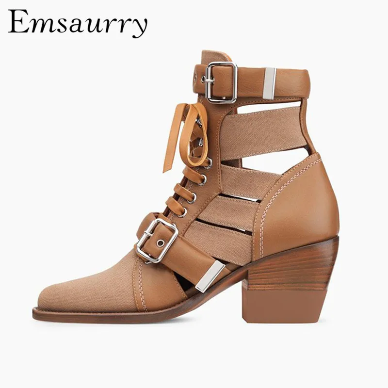 

The New Chic Studded Buckle Motorcycle Boots Square Thick Heel Point Toe Cross-tied Cut Outs Ankle Boots Women