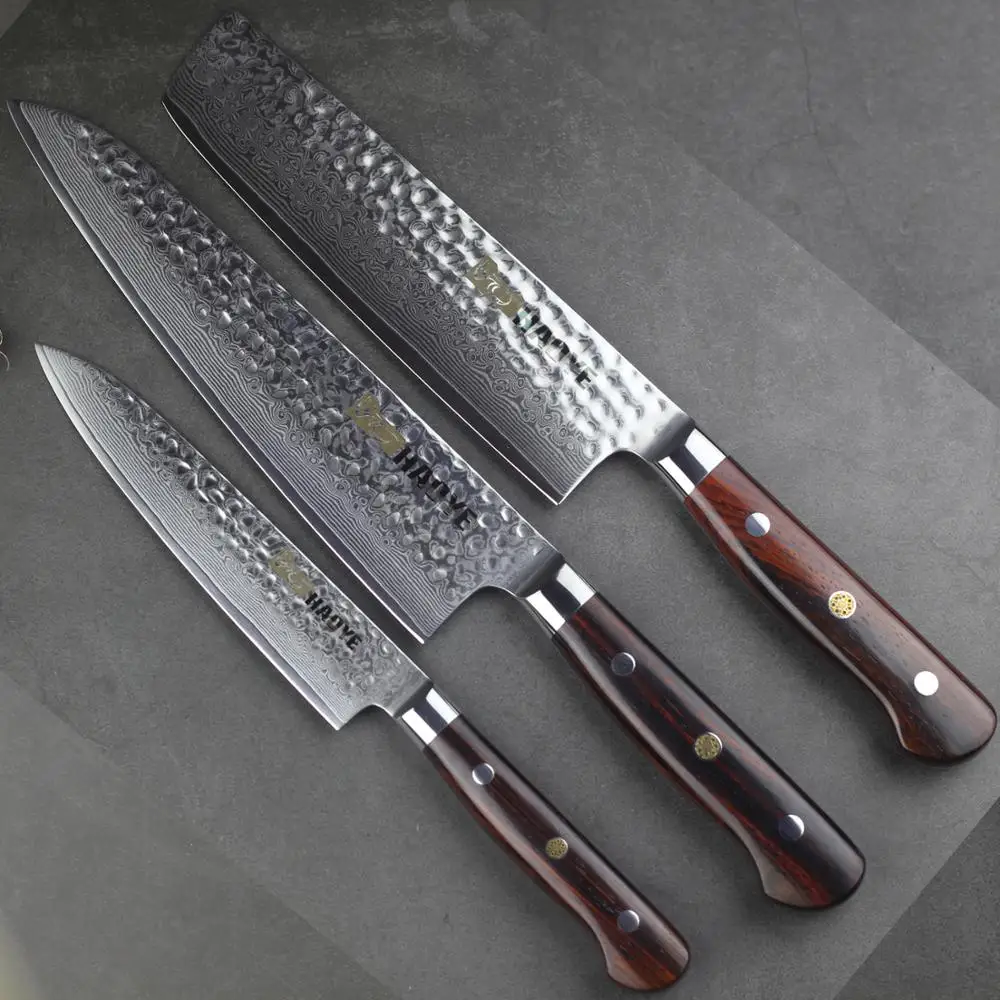 3 шт. японский шеф-повара Nakiri Gyuto Набор ножей для стейка Дамасские кухонные ножи с ручкой Dalbergia Полный Тан приготовления столовых приборов Новинка