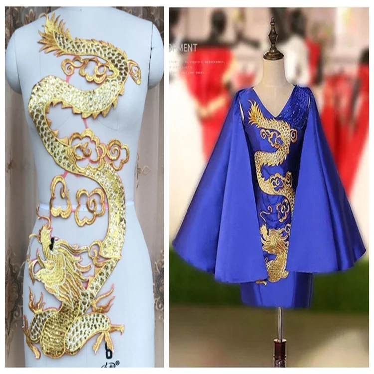 

26*68cm large golden sequined dragon embroidery patch applique on organza for wedding or performance clothes DIY