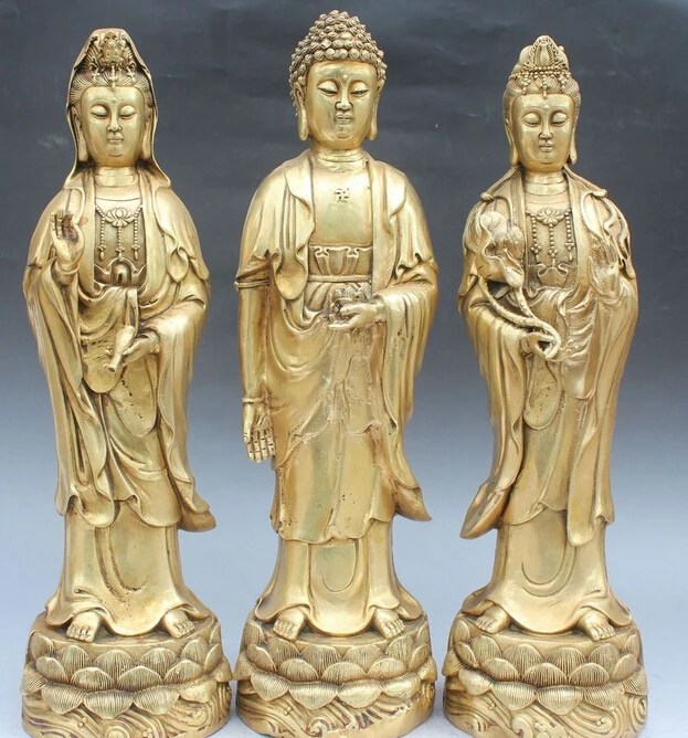 

18" Bronze Stand Kwan-yin Shakyamuni Amitabha Buddha Statue Western 3 Gods Set S0706 Discount 35%