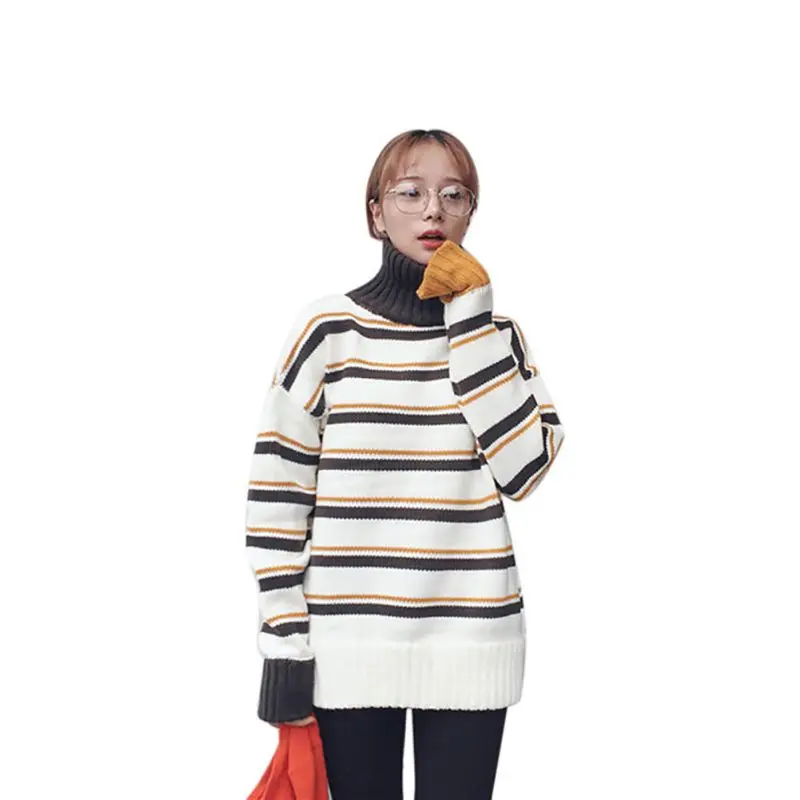 

Autumn Winter Women Sweaters And Pullovers Korean Long Sleeve Turtleneck Sweater Female Loose Striped Knitted Jumpers Sweater
