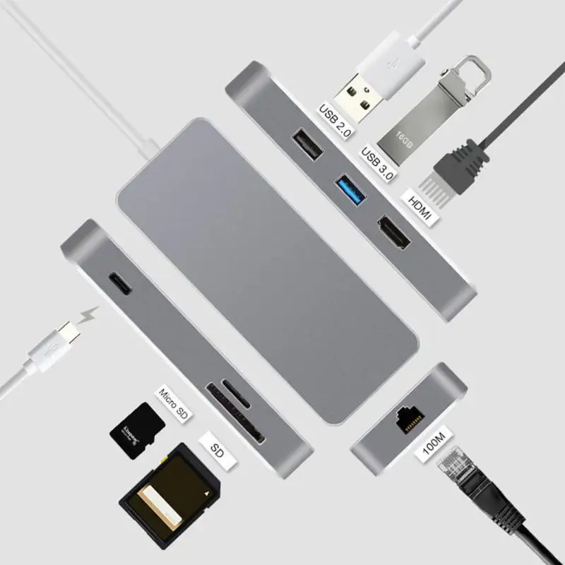 

7In 1 Type C USB C Hub HDMI Multimedia Interface USB3.0 Hub Splitter Ethernet Port SD TF Card Reader Adapter Converter for Mac