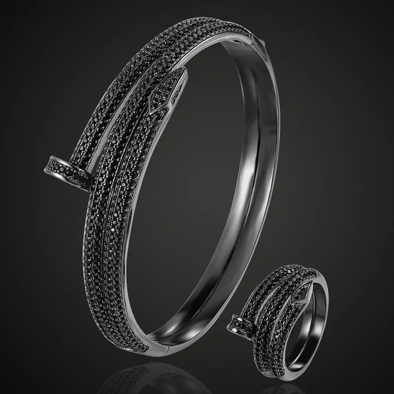 

Brand Women Jet cubic Zircon Bangle & Rings Sets Metal Copper Gold-color Bangle Rings Accessory Sets Men Bangle Anel Anesi